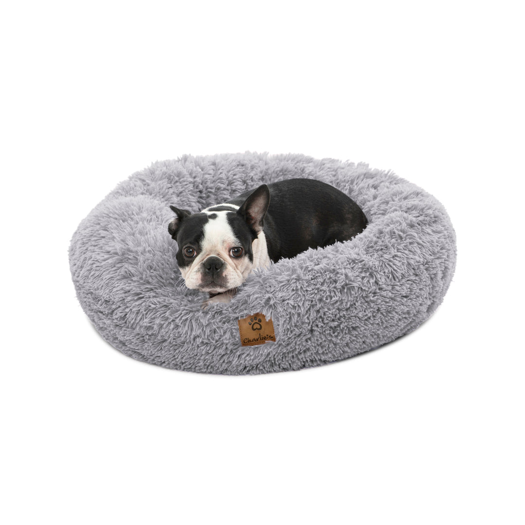 Shaggy Faux Fur Donut Calming Pet Nest Bed - Grey Charlie's Pet Products