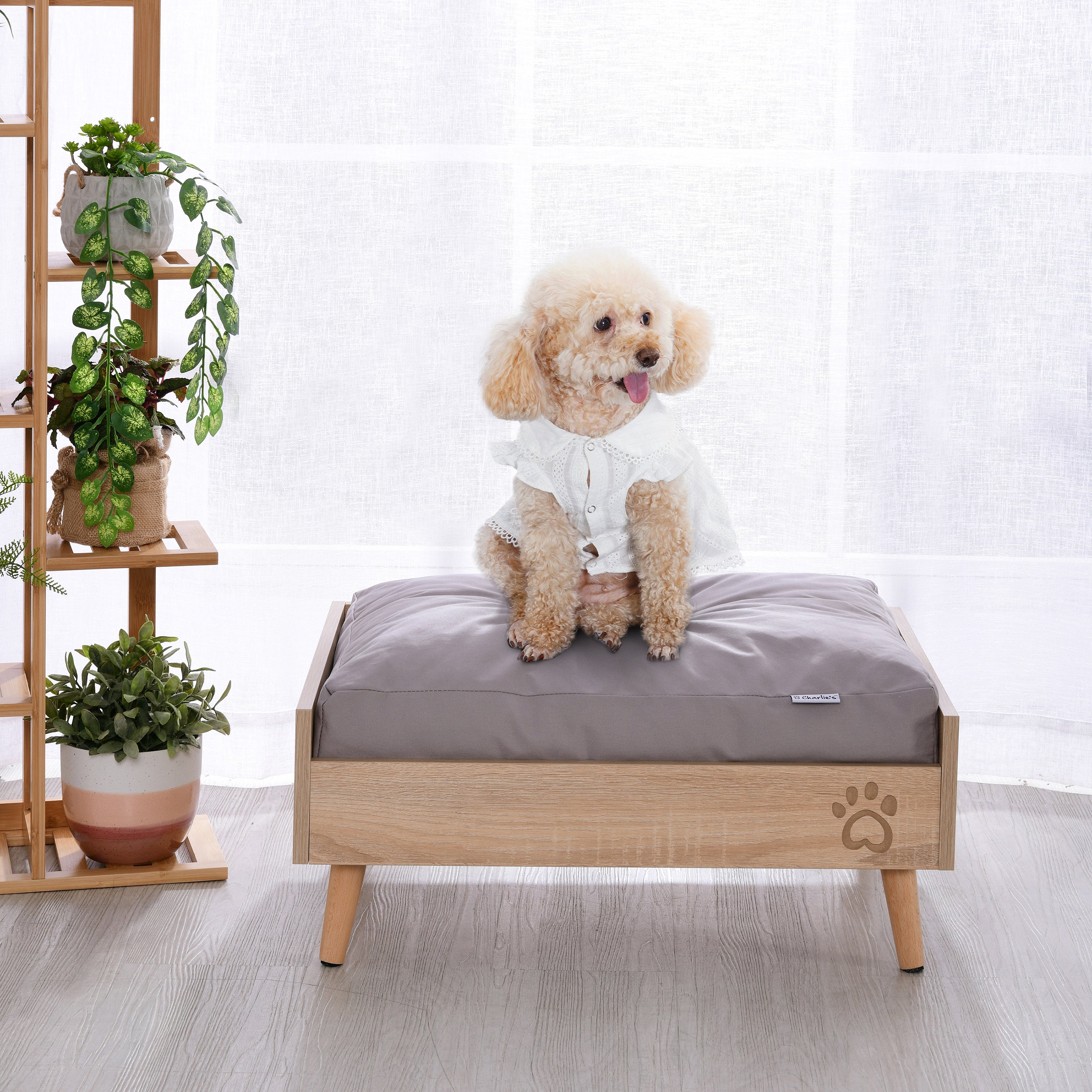 Scandi Elevated Bed with Natural Frame Grey Mattress Charlie s Pet